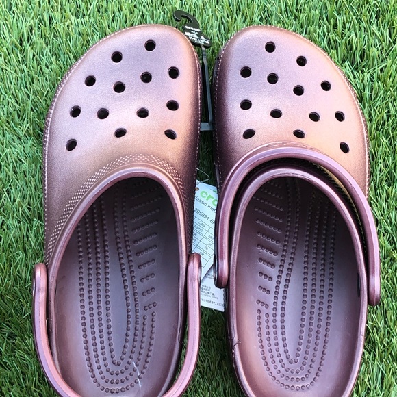 metallic burgundy crocs
